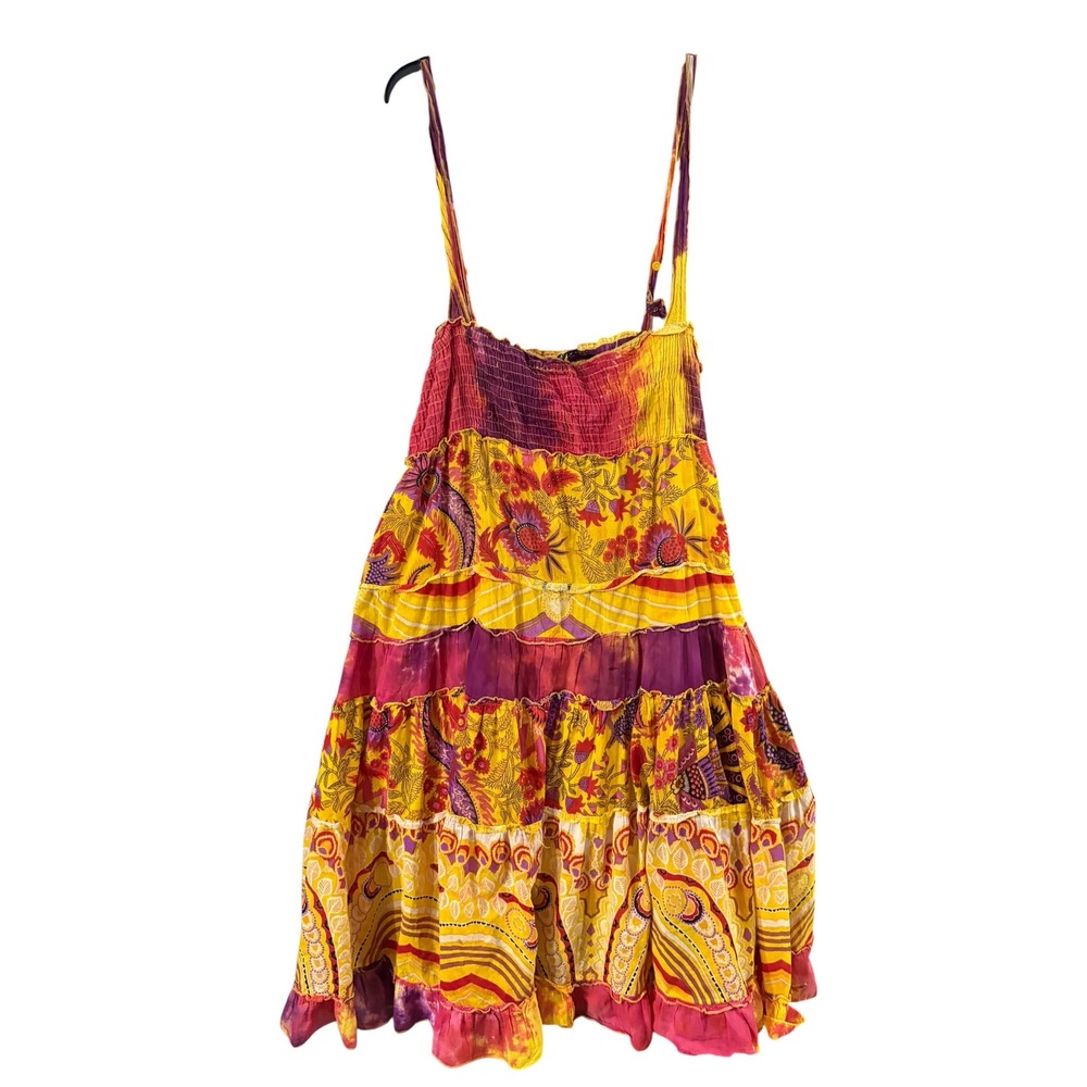 Chaudry KC Boho Tiered Dress Yellow Pink Floral Smocked Sun Dress XL